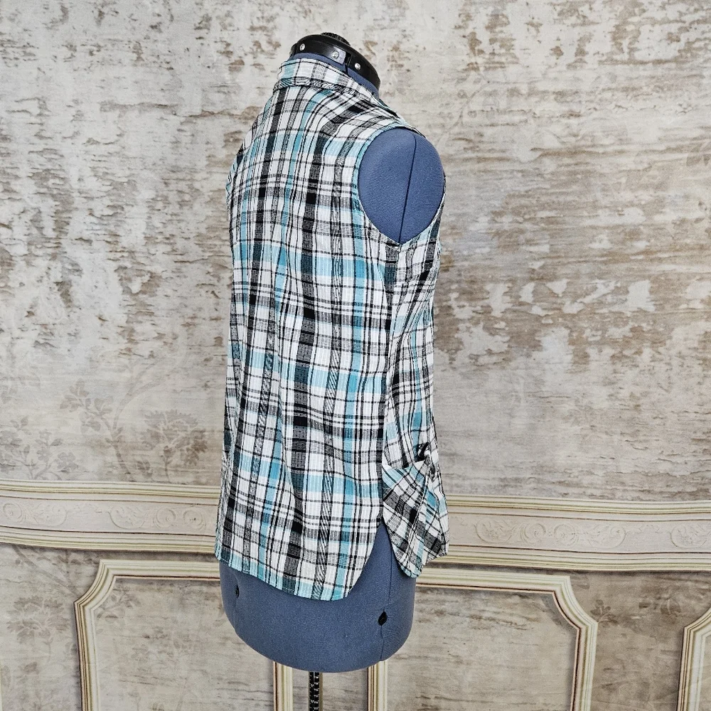 Vintage 1960s Seersucker Blouse XS Swiss Dot Blue Teal Black Rockabilly Plaid